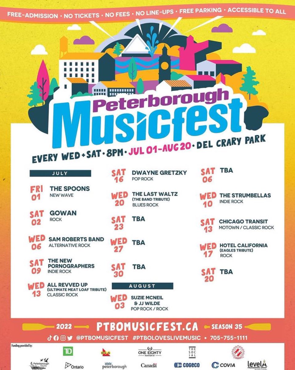 Hey friends! We announced SEVEN new acts. Please RT this post to get the word out.

In the next little while, we will be sharing some of the TBAs. Keep an eye on our website and our social media channels 😉🎶

#ptbo #peterboroughmusicfest #livemusic #eventsinpeterborough