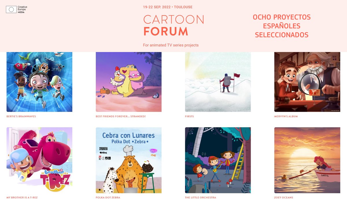 OficinaMEDIAEs's tweet photo. Cartoon Forum 2022 de @CARTOON_media cuenta con ocho proyectos españoles en su selección.
¡Enhorabuena @InEfecto @peekaboo_anim @TVONProd @MrKlaus_Studio @Sygnatia1 @magoproduction #StudioKimchi #KickTheDoorProd!
Más info > https://t.co/fyuJIbi6KK https://t.co/N5on4KXEmg