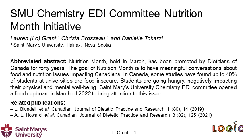 TheLoGrant's tweet photo. The @SMUChemistry #EDI committee ran a food cupboard during nutrition month this year! @ChristaBrosseau @Tokarzlab @CWICNetwork #LOGIC2022Poster #LOGIC2022 #NutritionMonth #FoodInsecurity https://t.co/nRhBi41Xo5