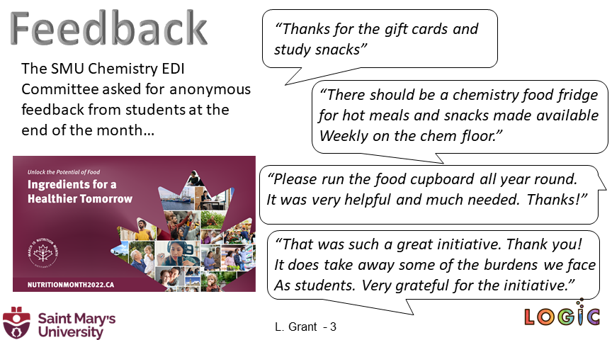 TheLoGrant's tweet photo. The @SMUChemistry #EDI committee ran a food cupboard during nutrition month this year! @ChristaBrosseau @Tokarzlab @CWICNetwork #LOGIC2022Poster #LOGIC2022 #NutritionMonth #FoodInsecurity https://t.co/nRhBi41Xo5
