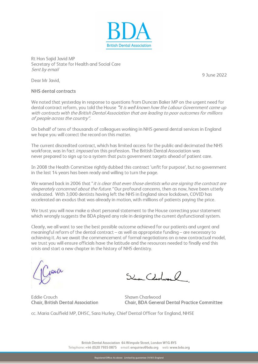 TheBDA's tweet photo. Yesterday @sajidjavid told MPs that the BDA "came up with" the failed NHS dental contract.

Nothing could be further from the truth.

We refused to sign up to a system that put government targets ahead of patient care.

He must correct the record👉https://t.co/AQzvYOXJLj https://t.co/P1uhxvtpqf