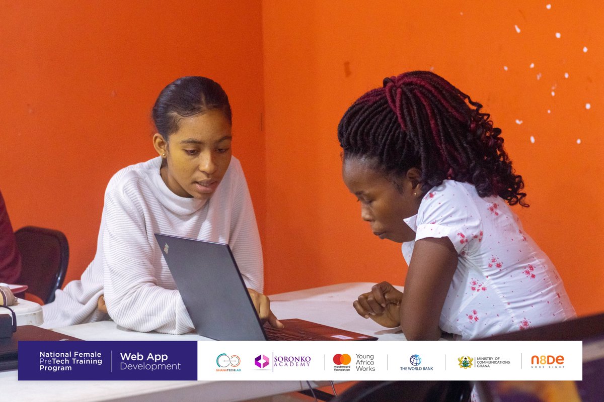 NodeEight's tweet photo. The National Female Pre-Tech Training is an initiative between Ghana Tech Lab, Soronko Academy, Mastercard Foundation, and Node Eight.
#ghanawomenintech
#GTLimpact
#Soronkoimpact
#NodeImpact https://t.co/om03vX1E3N