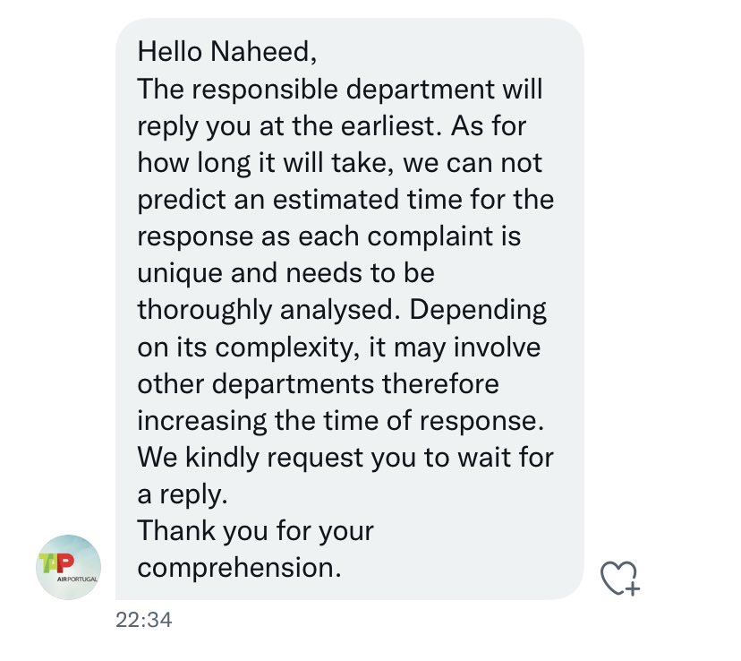 mrnkarim's tweet photo. For those who are following this thread, the above is what TAP have responded with via private message. In my  complaint I have said I will take my case to the Aviation ADR to claim what is owed to me. 20+ passengers can’t all me wrong and lying about the gate being closed early. https://t.co/DWDKeYxNRi