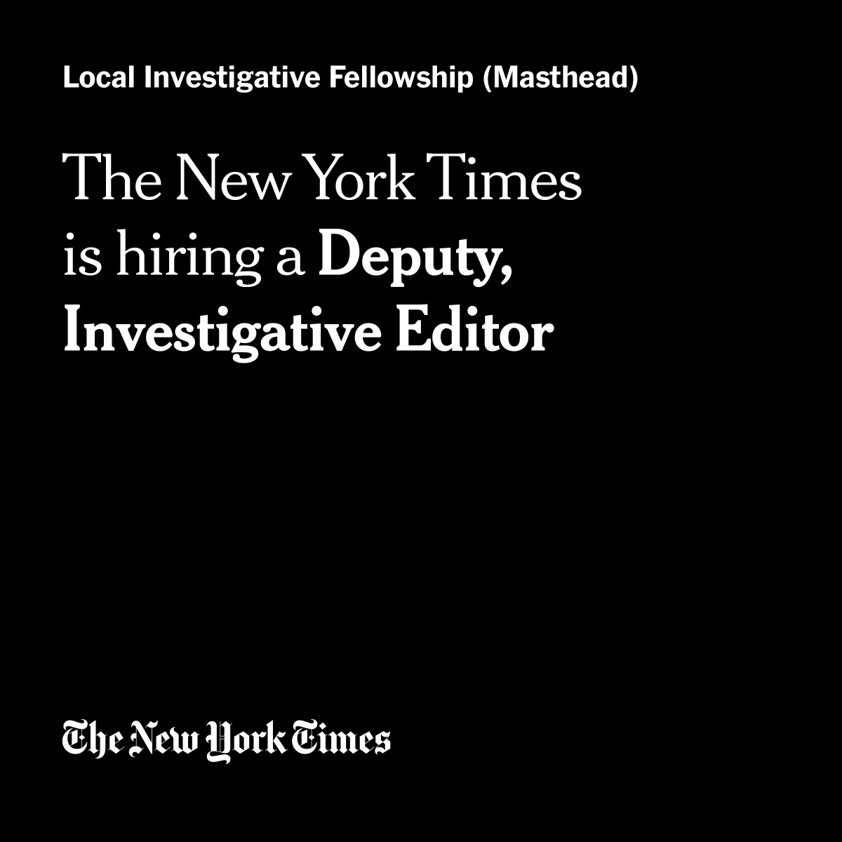 Want to work with Executive Editor Dean Baquet on his next project? He is hiring for a deputy to launch a local investigative fellowship.  
nytimes.wd5.myworkdayjobs.com/NYT/job/Remote…