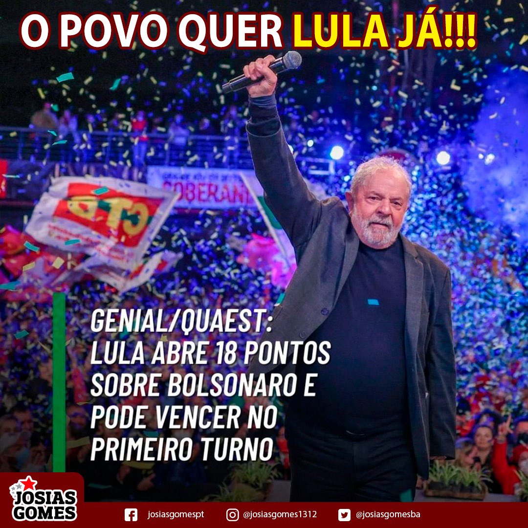 josiasgomesba's tweet photo. A resposta do povo contra o governo da fome virá nas urnas. A cada rodada de pesquisa presidencial, @LulaOficial se consolida como líder absoluto e caminha para uma vitória gigantesca já no primeiro turno. #énoprimeiroturno #lulajá #VamosJuntosPeloBrasil https://t.co/gS5UC6aOSW