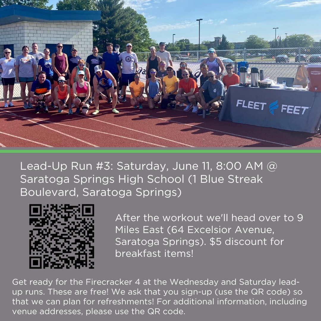 FleetFeetAlbany's tweet photo. Our next Firecracker 4 Lead-Up run is at Saratoga Springs High School followed by breakfast at 9 Miles East. Join us and invite a friend! #Fleetfeetalbanymalta #Firecracker4 #ASICS #5run8 https://t.co/dJyF5mRj97