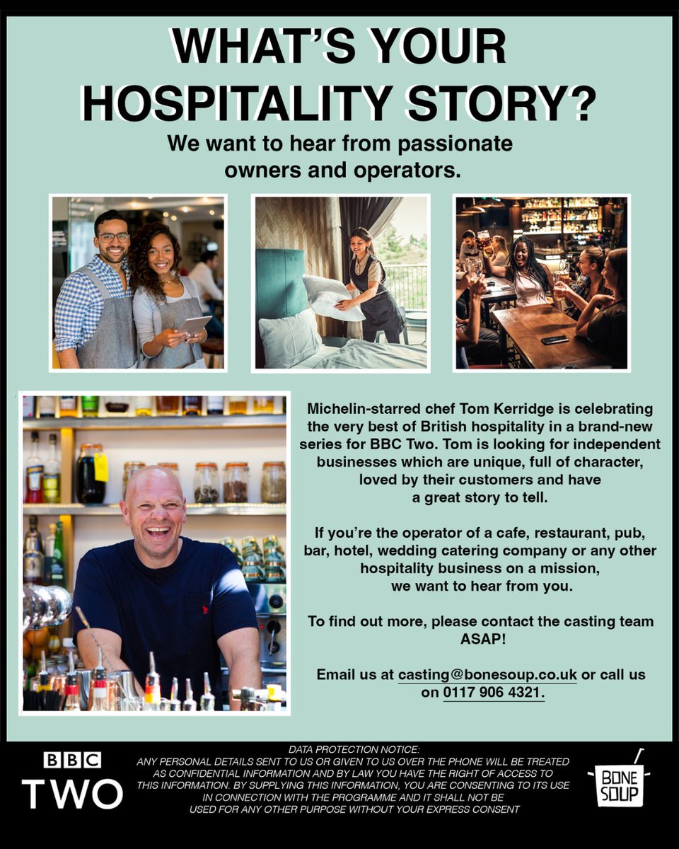 🚨 MEDIA REQUEST 🚨 
📽️ BBC2 (<a href="/BBC/">BBC</a>) is looking for passionate publicans to take part in a new TV series showcasing our vibrant &amp; resilient hospitality industry with Chef Tom Kerridge (<a href="/ChefTomKerridge/">Tom Kerridge</a>)
👇Contact the casting team:
✉️ casting@bonesoup.co.uk 
☎️ 0117 906 4321