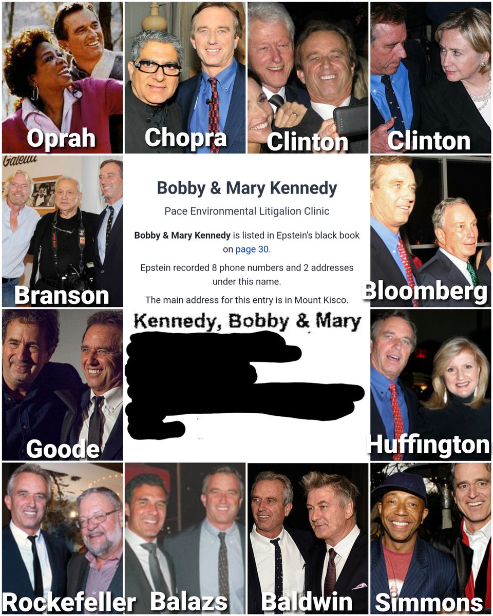 EpsteinNetwork's tweet photo. 🚨 #RobertKennedyJr is in #JeffreyEpsteinsBlackbook.
#Oprah #DeepakChopra #BillClinton #HillaryClinton #RichardBranson #MichaelBloomberg #EricGoode #AriannaHuffington #DavidRockefellerJr #AndreBalazs #AlecBaldwin #RussellSimmons https://t.co/5GwMMuoLY2