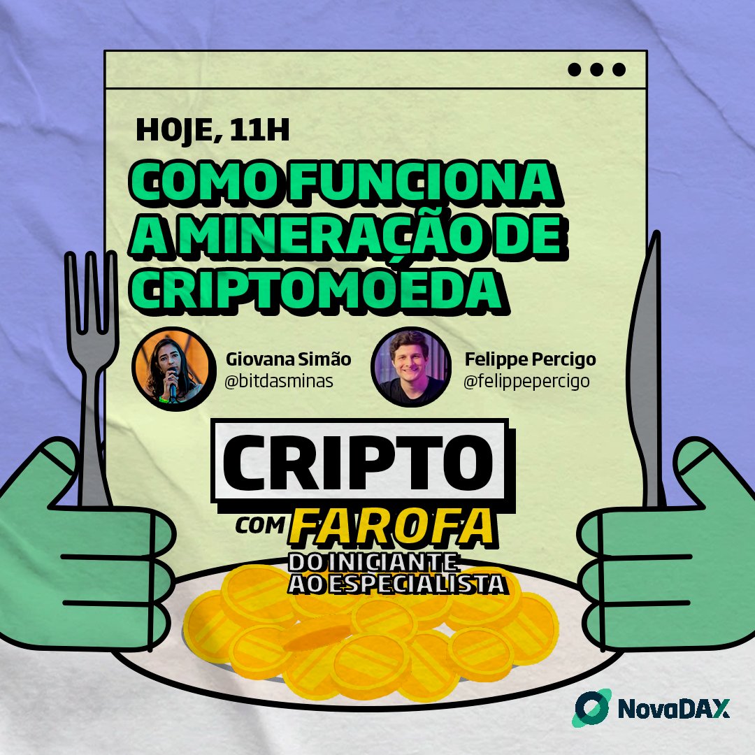 Cripto com Farofa, aceita? 👀

Em mais uma live especial na rede social ao lado (Instagram), <a href="/bitdasminas/">Giovana Simão | @bitdasminas</a> e <a href="/felippepercigo/">Felippe Percigo</a> irão falar sobre como funciona a mineração de criptomoeda.

Hoje, às 11h.

Na semana que vem nos encontramos para mais uma edição do Cripto com Farofa!