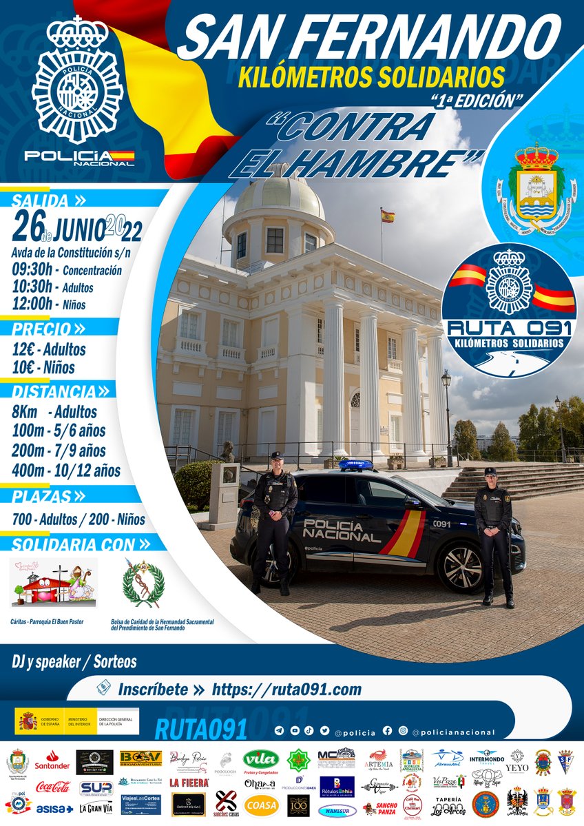 ¡¡ Atención!! 

Te proponemos un plan de lo más completo para el #Domingo 26 de #junio: 

Deporte 🏃‍♀️🏃 + Familia 👨‍👩‍👧 +<a href="/policia/">Policía Nacional</a> 👮👮‍♀️  en #SanFernando #Cádiz 
 
Carrera solidaria de la #Ruta091 contra el hambre

¿Te apuntas? ⤵ 
ruta091.com
