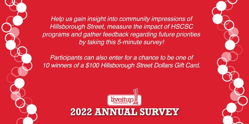 Want $100 worth of Hillsborough Street Dollars?

Take our five-minute annual survey &amp; you can be entered to win!

➡️ surveymonkey.com/r/R2S8Q3K