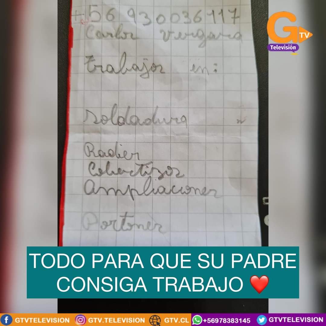 AySiComoNoh's tweet photo. Niña publica en su escuela afiche hecho por ella, para ayudar a su padre en la búsqueda de trabajos... Se me llenó el corazón de amor, por su buena intención y compromiso con su familia. Y por otro lado, se me parte el alma tanta conciencia! #Curico #Romeral
#QueLeVaigaBien 🤞🏼🤞🏼 https://t.co/dx2qxIYriR