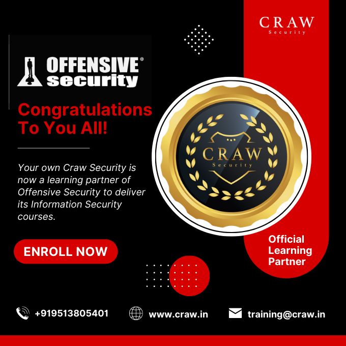 CrawSecurity's tweet photo. @crawsec Congratulations Craw Security!
For becoming the maiden learning partner of Offensive Security in India to deliver its Information Security courses.  Now you can get all official Offensive Security courses under one roof. https://t.co/ocMYK1GjDc
