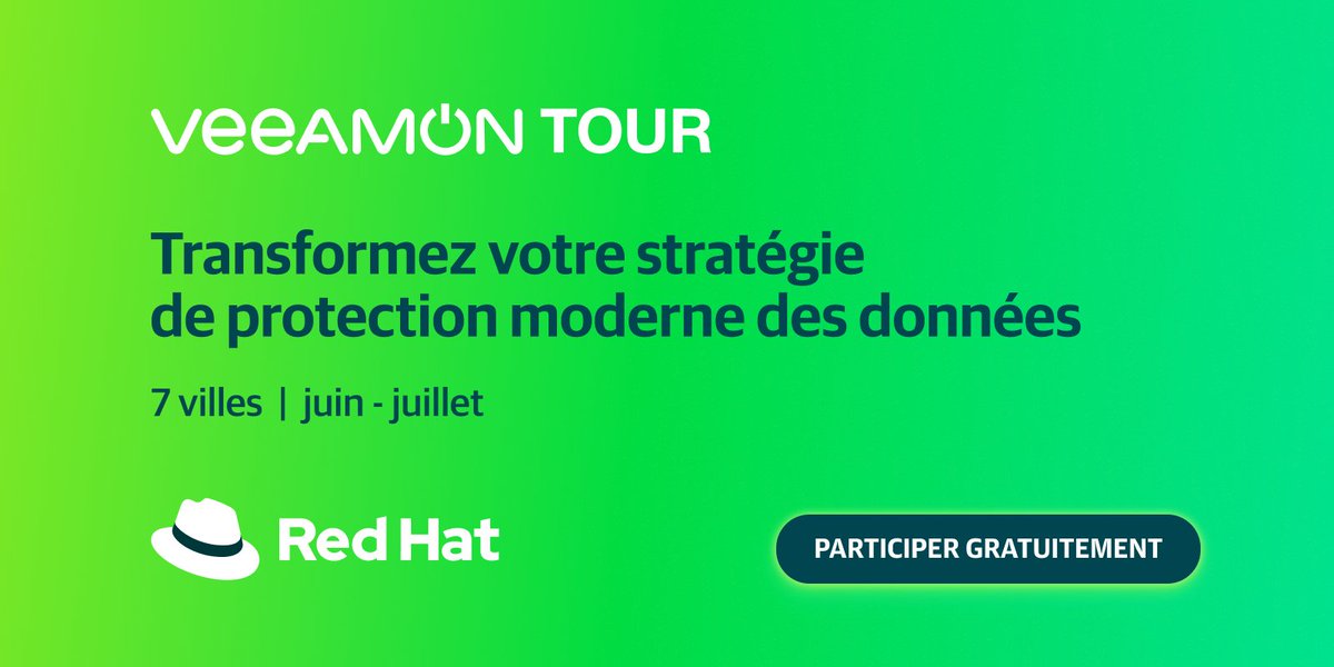Red Hat est fier de sponsoriser #VeeamonTour avec <a href="/Veeam/">Veeam® Software</a>! 💪 🙌 

🏁 Le top départ est aujourd'hui avec 7 dates dans 7 villes différentes.
 
🔐 Découvrez un programme autour de la protection des #données, près de chez vous!

Inscrivez-vous vite! 👉 bit.ly/3Gt4EAx