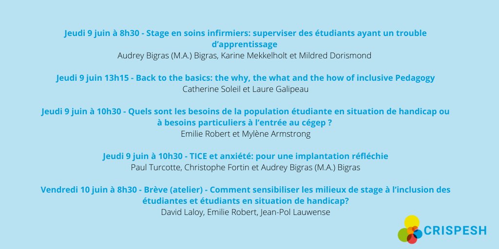 CRISPESH (@crispesh) on Twitter photo Plusieurs présentations pour l'équipe du CRISPESH au #colloque de <a href="/AQPedCol/">Association québécoise de pédagogie collégiale</a> ! au <a href="/CMontmo/">Collège Montmorency</a>. Serez-vous des nôtres?!
#pédagogie #inclusion #éducation #handicap #recherche #collège #colloqueAQPC Plusieurs présentations pour l'équipe du CRISPESH au #colloque de <a href="/AQPedCol/">Association québécoise de pédagogie collégiale</a> ! au <a href="/CMontmo/">Collège Montmorency</a>. Serez-vous des nôtres?!
#pédagogie #inclusion #éducation #handicap #recherche #collège #colloqueAQPC