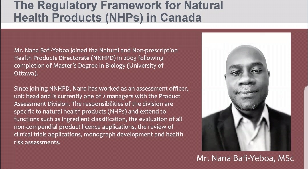 As we come close to the end of our webinar our next speaker is <a href="/nanabafi/">Nana Bafi-Yeboa</a> giving us a presentation on Natural health products in #Canada - regulatory perspective on safety.

#Taxi 
#NationalShutdown 
#Ramaphosa 
#BotanicalSafety
#OnlineWebinars
#ConnecConversations