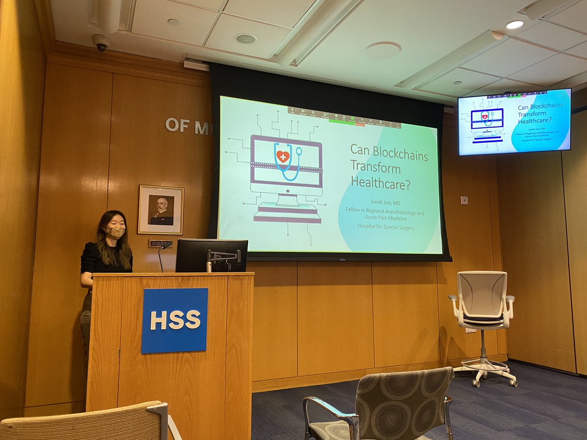 Thanks to @SarahJooMD for bringing an interesting topic to @HSSAnesthesia Grand Rounds this morning - “Can Blockchain Transform Healthcare?” As someone who knows little about cryptocurrency she did an incredible job explaining it!