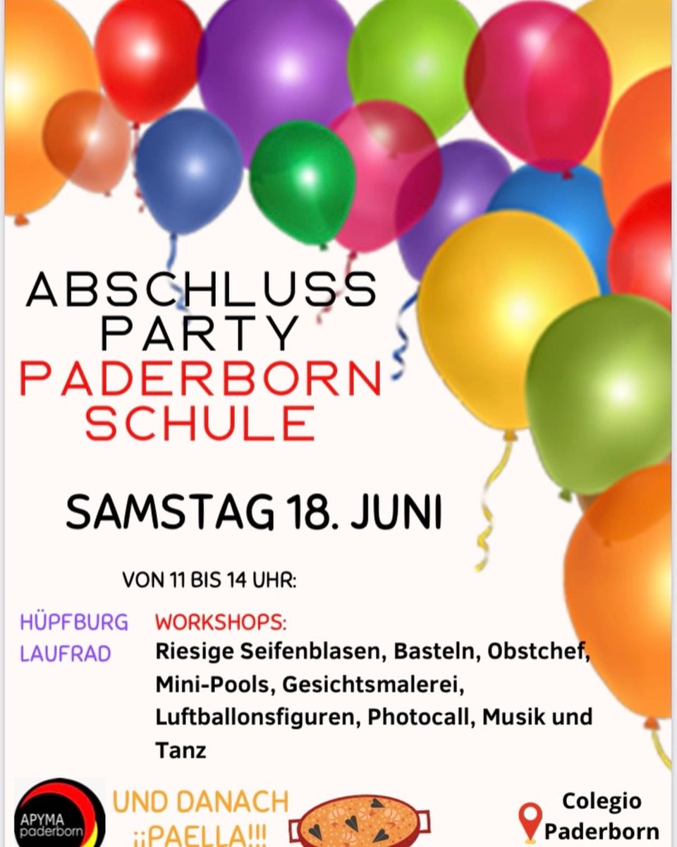 apymapaderborn's tweet photo. 🇩🇪Llega el #findecurso y este año lo celebramos con una fiesta por todo lo grande 

🎉El #sabado 18 de #junio a partir de las 11:00 en el @cppaderborn 

💫Os esperamos!!! 

#abschulssparty #pdernborn #pamplona https://t.co/fehz4AkN9F