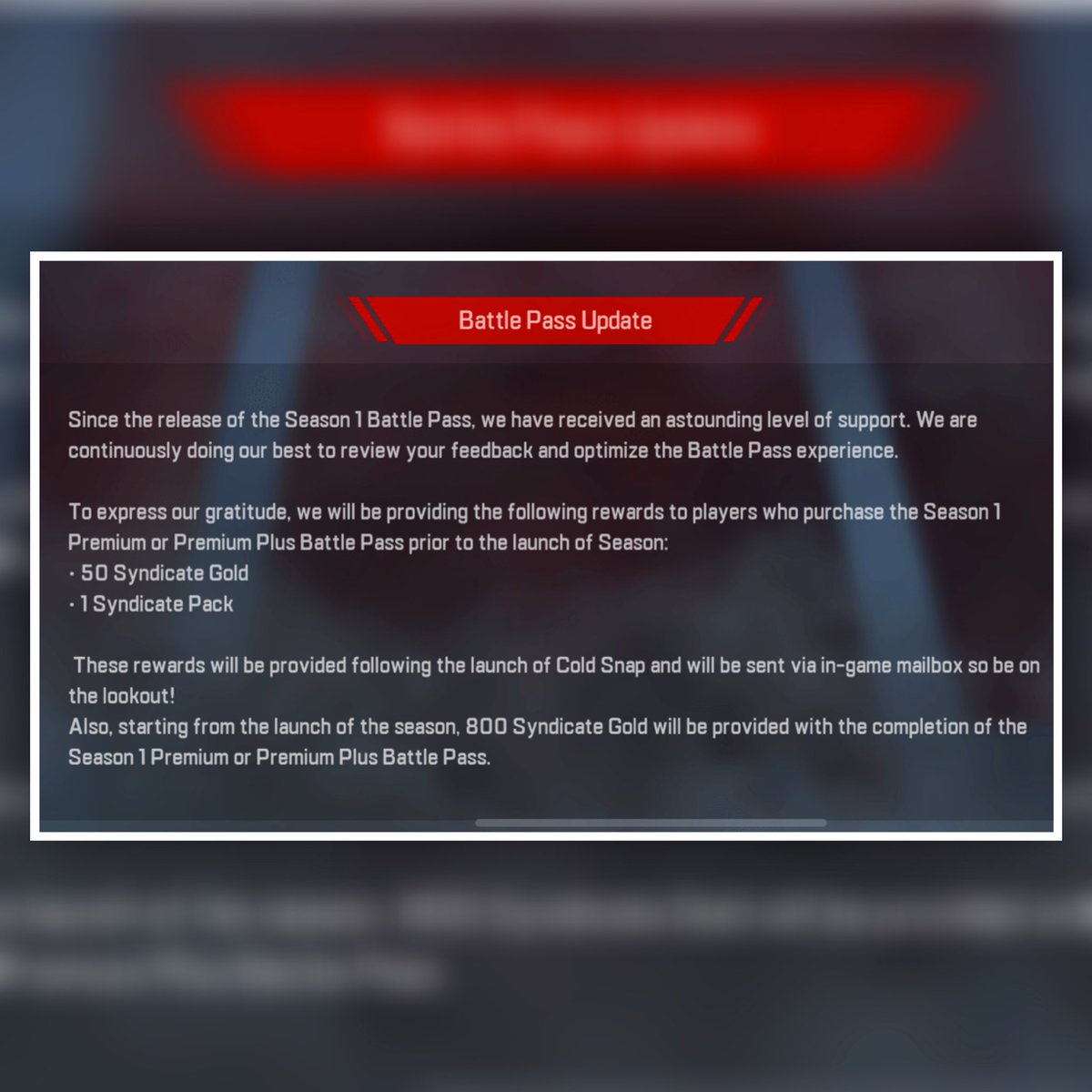 🛑New InGame Announcement🛑

- New BattlePass Rewards 
- From Now BattlePass Refund 800SG Not 750
- Next Season 🥶❄️
- Season Name Cold Snap (I Think So)

New Season Is Coming 💖
#apexlegendsmobile