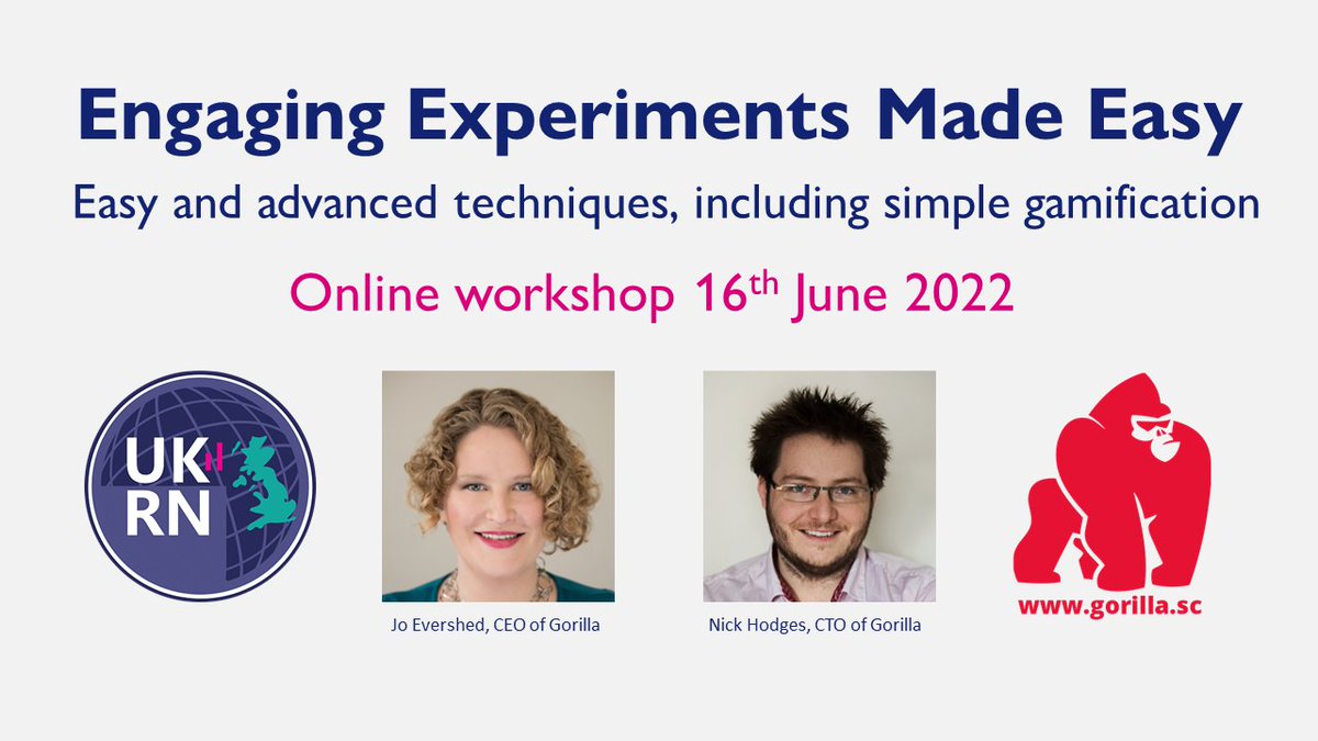 ukrepro's tweet image. In 1 week, the UKRN and @GorillaPsyc free online workshop Engaging Experiments Made Easy

16 June, 1pm-3pm GMT+1

Facilitated by @EvershedJo @nikoraisu

Info &amp;amp; sign up: ukrn.org/event/gorilla-…