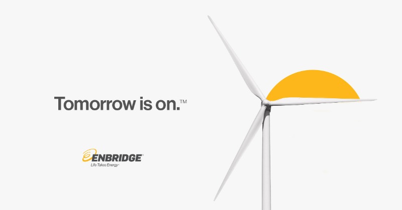 Enbridge's tweet photo. Another $4B investment in renewables &amp; low-carbon solutions means 4 billion more reasons to look forward to tomorrow. #TomorrowIsOn