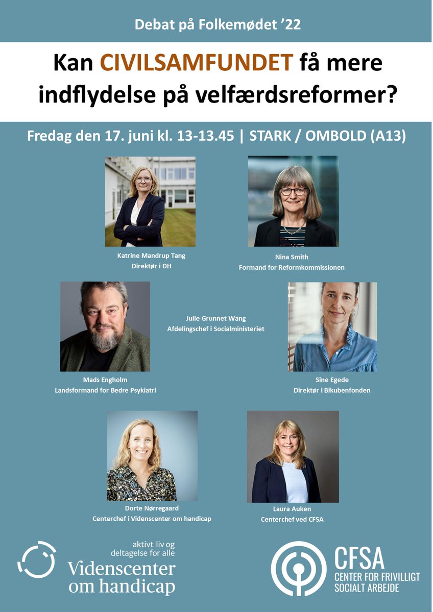 Center for frivilligt socialt arbejde (@cfsainfo) on Twitter photo Kan #dkcivil få mere indflydelse på velfærdsreformer? Hør Nina Smiths egen vurdering fredag den 17. juni kl. 13, når <a href="/CfsaInfo/">Center for frivilligt socialt arbejde</a> sammen med Videnscenter om handicap sætter civilsamfundets udfordringer med reformkommissioner til debat på #FM22 Kan #dkcivil få mere indflydelse på velfærdsreformer? Hør Nina Smiths egen vurdering fredag den 17. juni kl. 13, når <a href="/CfsaInfo/">Center for frivilligt socialt arbejde</a> sammen med Videnscenter om handicap sætter civilsamfundets udfordringer med reformkommissioner til debat på #FM22