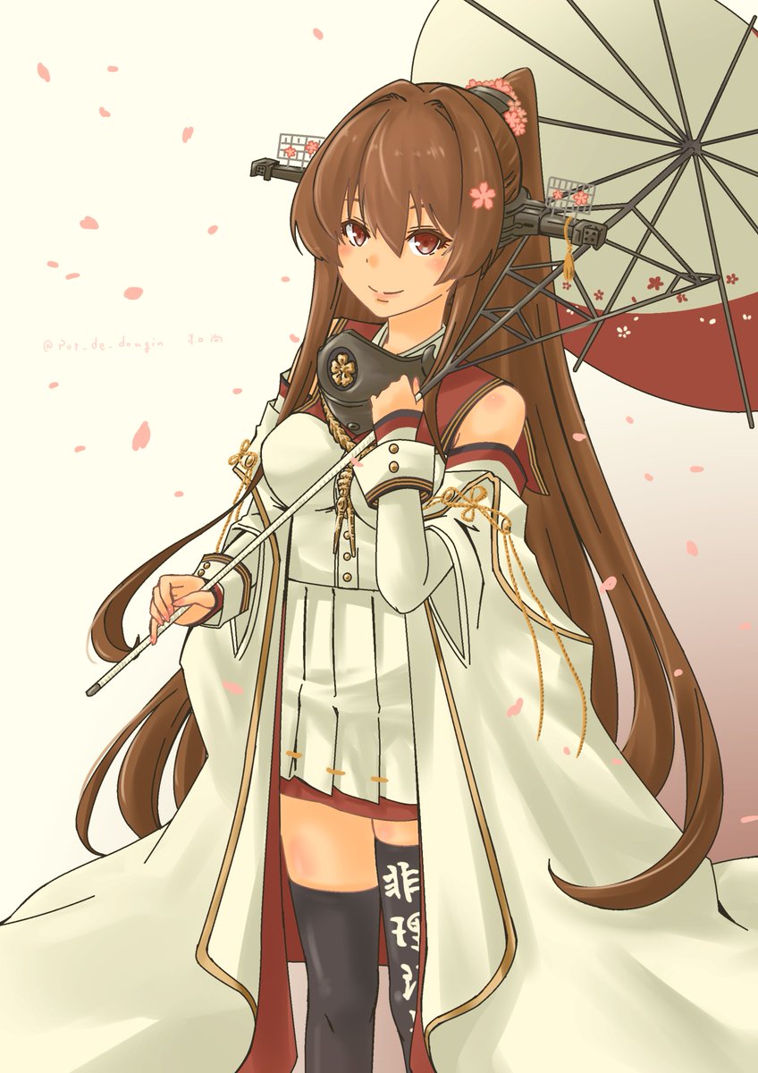 yamato (kancolle) 1girl solo long hair brown hair umbrella oil-paper umbrella white coat  illustration images