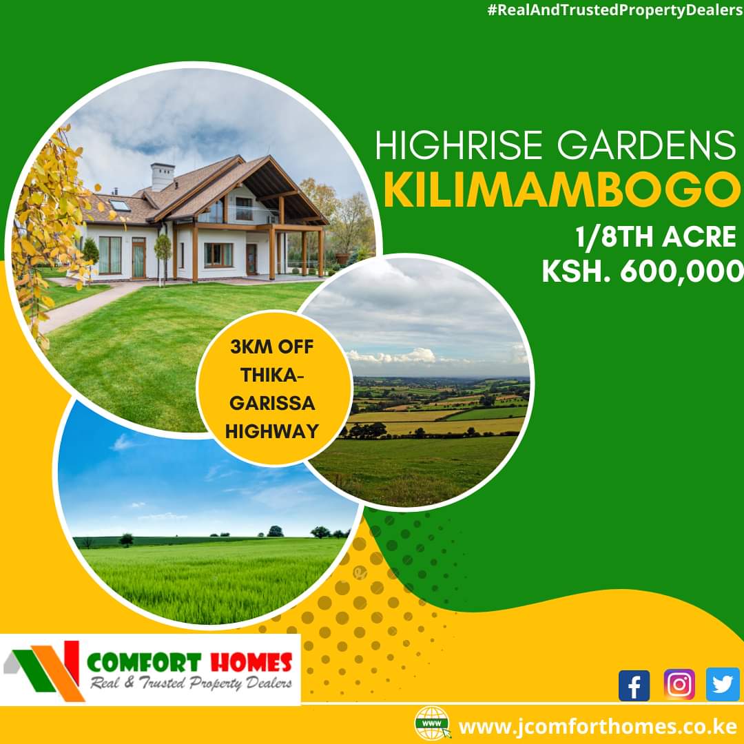 Kags_maina's tweet photo. Highrise Gardens, Kilamambogo is located only 3KM off Thika Garissa Highway. 
The plots have access to all social amenities such as water, electricity, learning institutions such as Kilimambogo Teachers Training College 

#ComfortHomes 
#ComfortHomesDelivers https://t.co/XzwbQftMjF