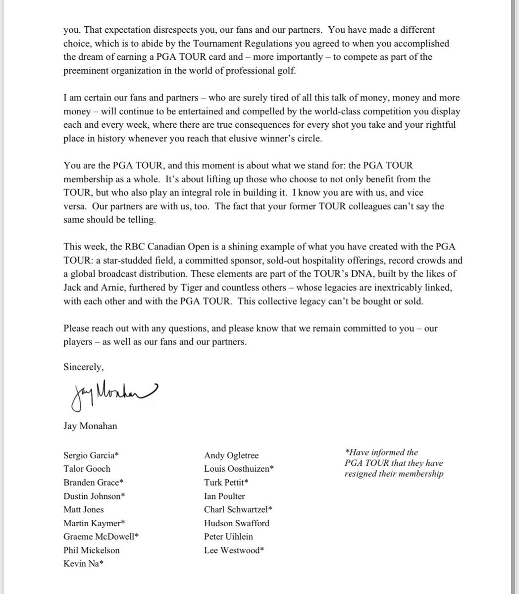 AdrienToubiana's tweet photo. ⚠️ Le mail de Jay Monahan envoyé à tous les joueurs du PGA Tour confirment la suspension de tous ceux jouant le LIV Golf.
Aucun ne pourra jouer la Presidents Cup non plus. https://t.co/HBjSQTTvGV