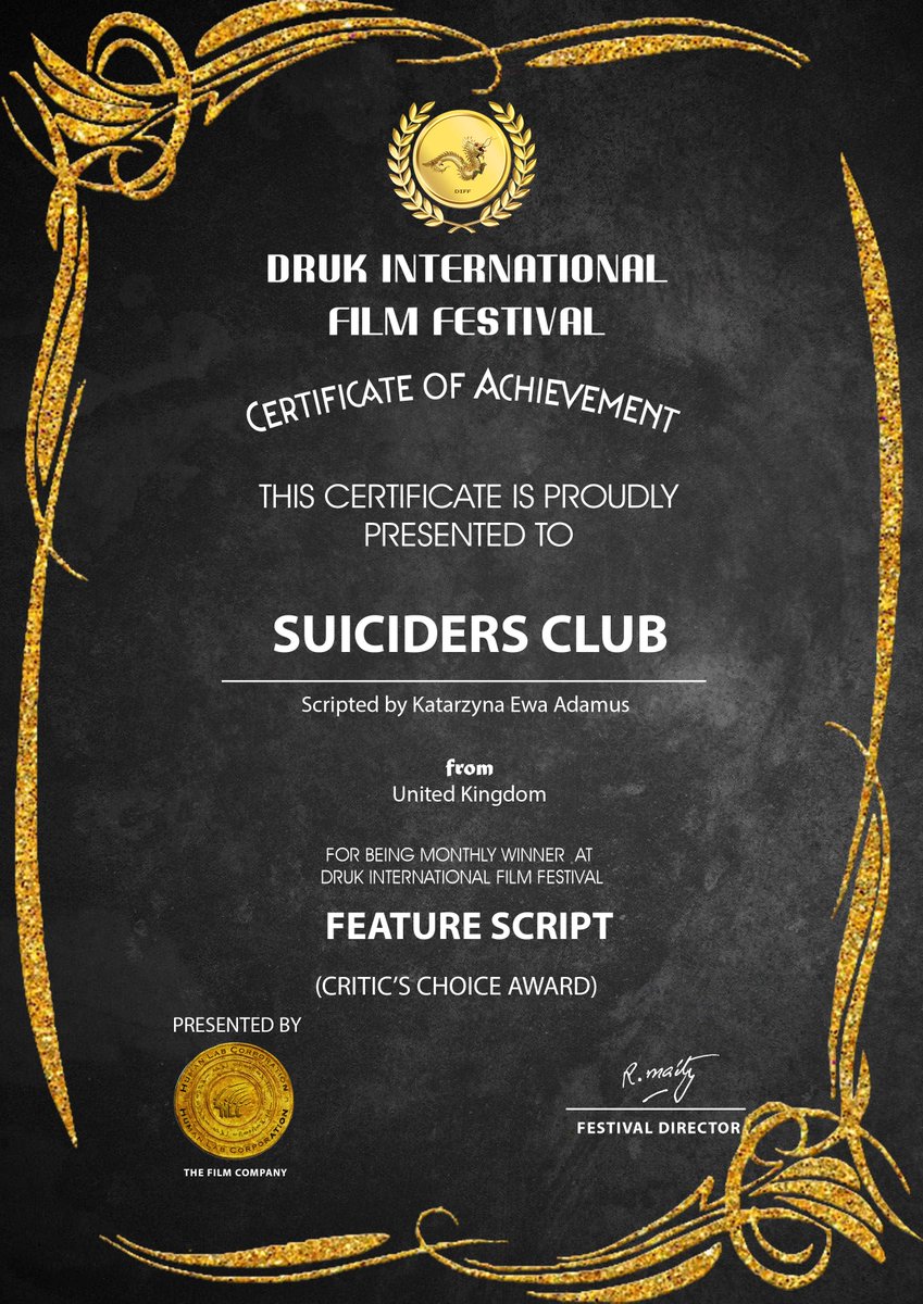 keadamus's tweet photo. Thank you @DrukFilm for awarding my feature Script "Suiciders Club" ๐ #awardedscript #awardedfeaturescript #darkcomedyscreenplay #awardedscreenwriter #filmfestival https://t.co/ZO6ay6E5Ac