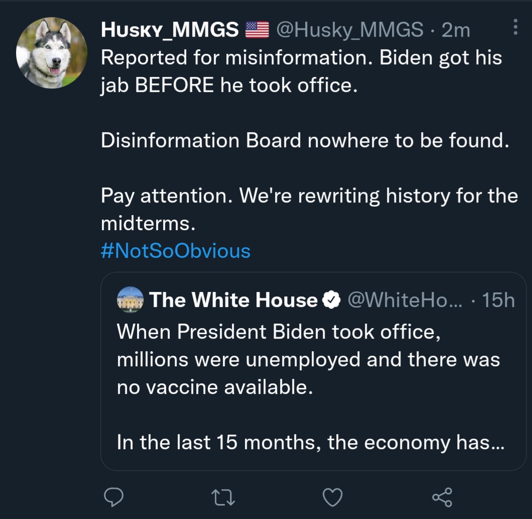 Husky_MMGS's tweet photo. Just a reminder:
Not long ago, the ACTUAL WHITE HOUSE deleted a tweet because they were caught in a lie. (People have been banned from Twitter for COVID misinformation)
#NotSoObvious https://t.co/R36TWnBdmB