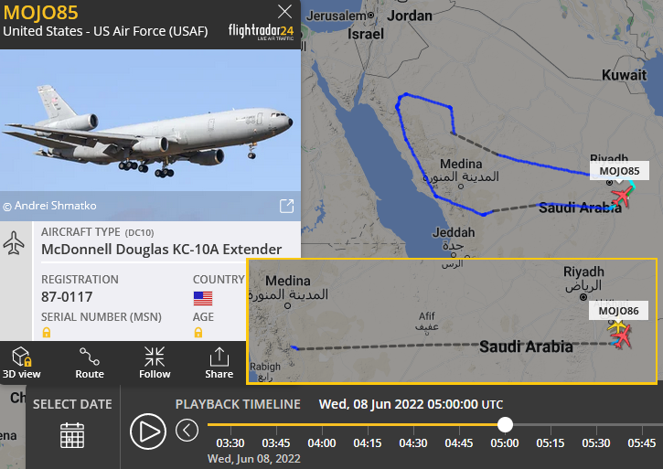 SirListenalot's tweet photo. I think #KC10's #AE0230 #AE01E0 as #MOJO85-86 on a round trip out of Prince Sultan picked up #B52's #MYTH11-12 yesterday at 0305z. Could help to geolocate the last pic... 😅 https://t.co/IP9bQYxX02