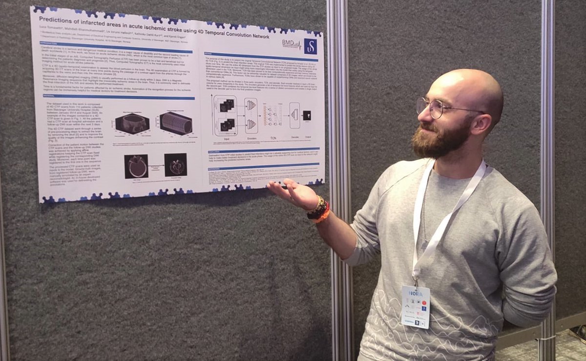 BMDLabUiS's tweet photo. Our Ph.D. fellow Luca Tomasetti made a poster presentation, "Predictions of infarcted areas in acute ischemic stroke using 4D Temporal Convolution Network" highlighting his recent work at NORA Conference.
#NORA2022 https://t.co/W5l1dNXWmc
