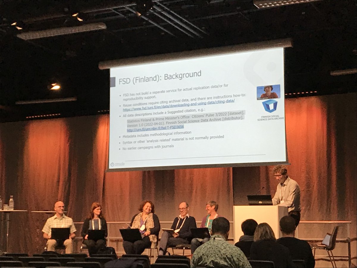 sndSweden's tweet photo. Panellists discuss the CESSDA Journals Outreach project, a collaboration between #CESSDA #DataArchives to support journals in #DataSharing and reproducibility. Prel. findings show the archives are available & willing to fulfil the requirements of editors and authors. #IASSIST2022 https://t.co/OmKIX64tmW