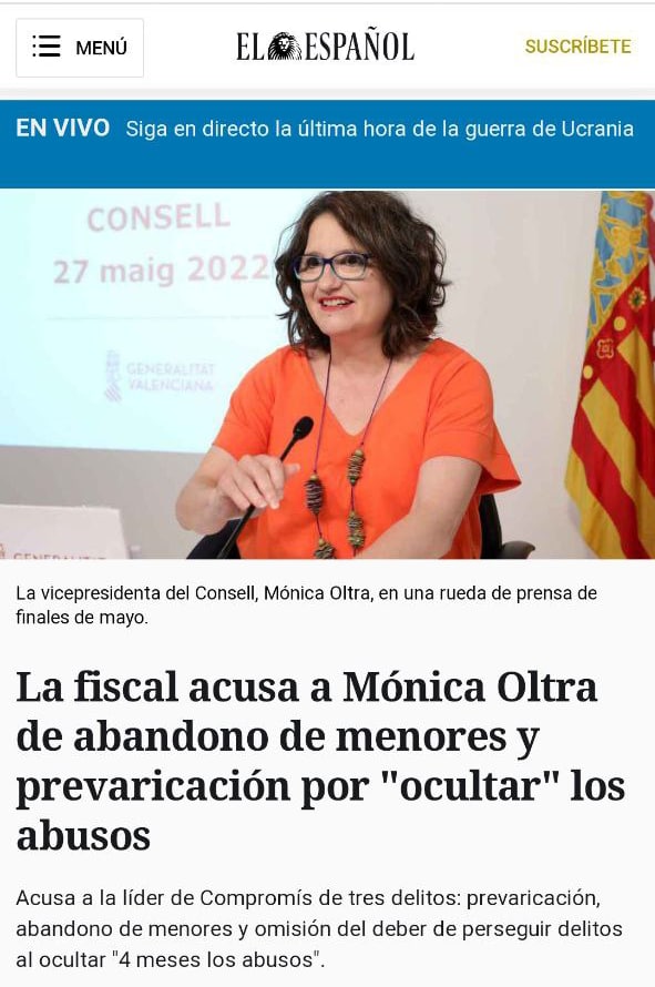 CsCValenciana's tweet photo. 🧑‍⚖️ La Fiscalía cree que Mónica Oltra ocultó los abusos sexuales de su exmarido y la acusa de 3️⃣ delitos.

❌ Prevaricación
❌ Abandono de menores
❌ Omisión del deber de perseguir delitos

😡 Es indecente y bochornoso que siga siendo vicepresidenta de la Generalitat #OltraVeteYa https://t.co/BfQguANowV