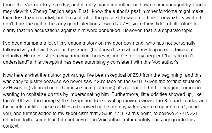 teddyfoxfluff's tweet photo. I read the Vox article and wanted to share my somewhat controversial opinions. I thought a while about whether or not to write something, but I decided I would sleep better at night being honest about how I feel. Still here supporting ZZH. https://t.co/0dCJ1dhzHe