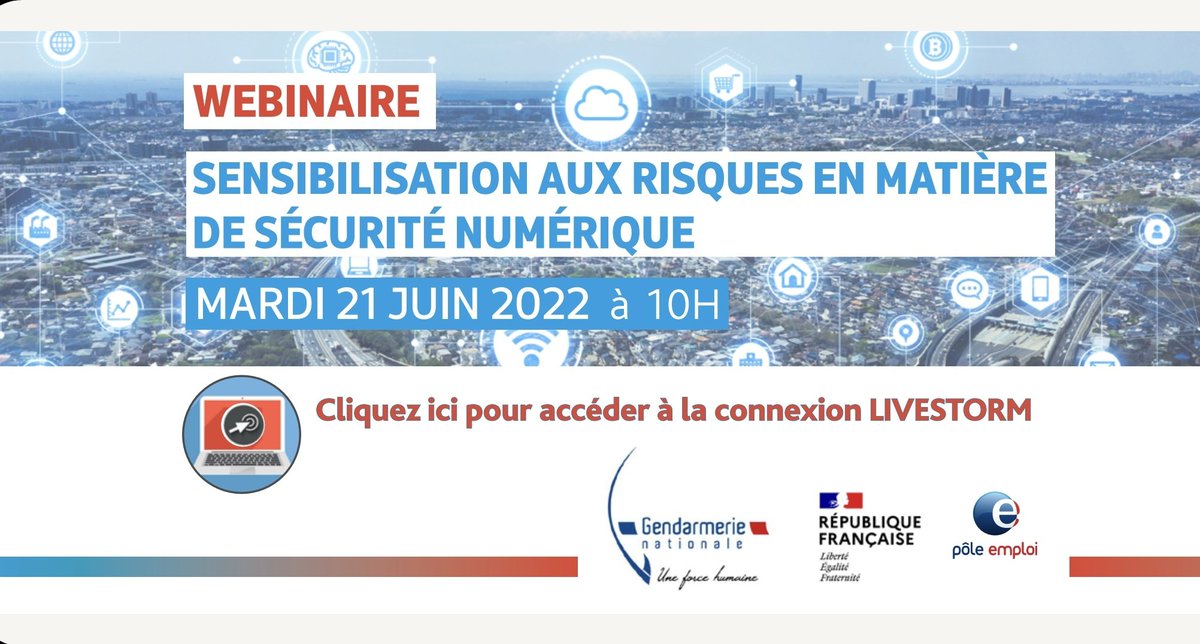 #Agenda Mardi 21 juin à 10h.
Sécurité numérique des entreprises et collectivités locales. 
La <a href="/Gendarmerie/">Gendarmerie nationale</a> et @poleemploi_NA à <a href="/Bordeaux/">Bordeaux</a>
organisent un #webinaire pour comprendre les risques avant de partir tranquille en vacances. 
Inscriptions : app.livestorm.co/pole-emploi-7/…