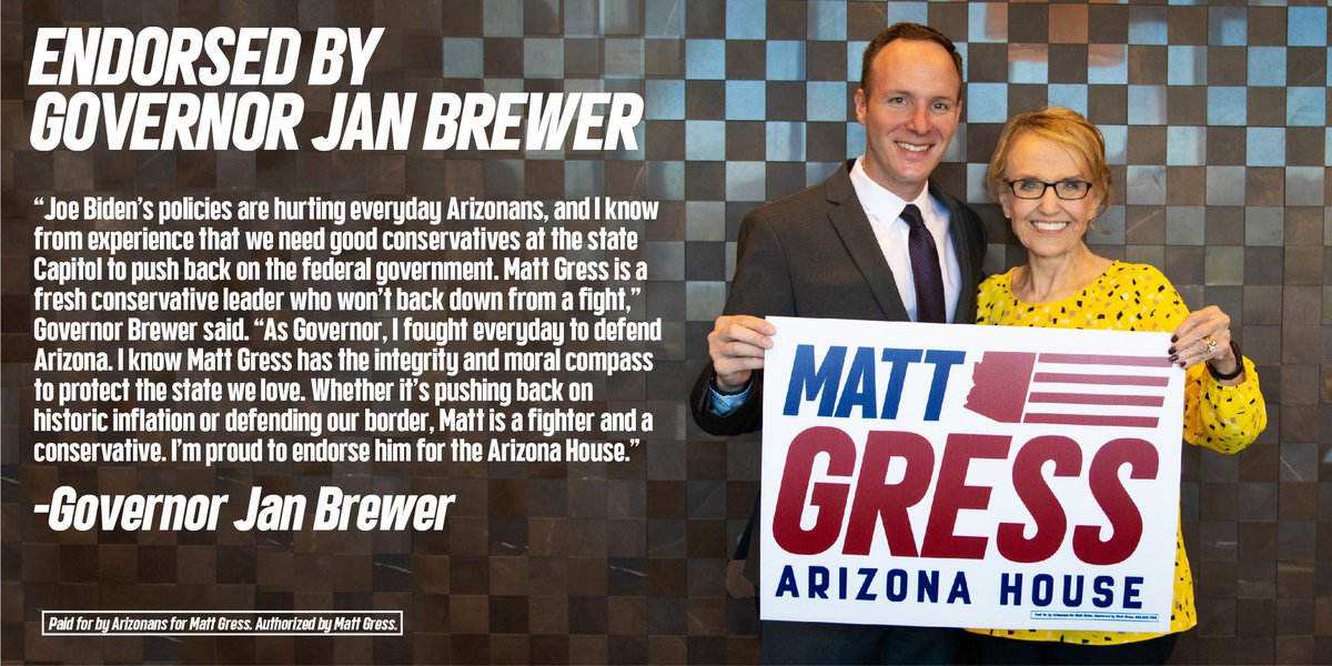 MatthewGress's tweet photo. 🚨🚨🚨BREAKING: I am honored to announce that Governor Jan Brewer has endorsed our campaign for the Arizona House in #LD4!

From @GovBrewer's endorsement: “Matt Gress is a fresh conservative leader who won’t back down from a fight.”

LEARN MORE HERE: https://t.co/gSmIoi2iHC

1/ https://t.co/IjLVR8lJFU