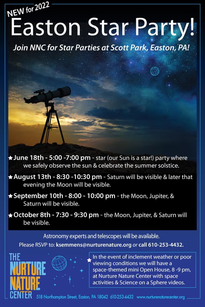 The first #EastonStarParty of 2022 by @NNCEaston is next Saturday evening June 10 in Scott Park. Free community event. #eastonpa #starparty #cityofeastonpa #nurturenaturecenter