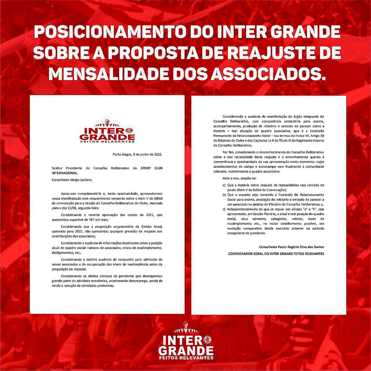 intergrande's tweet photo. REAJUSTE DAS MENSALIDADES NO #INTER - Manifestação e posicionamento do #InterGrande sobre a proposta:
Porto Alegre, 8 de junho de 2022.
Senhor Presidente do Conselho Deliberativo do SPORT CLUB INTERNACIONAL,
Conselheiro Sérgio Juchem,
Apraz-nos cumprimentá-lo e…
(segue) https://t.co/0K6a7y6HO4