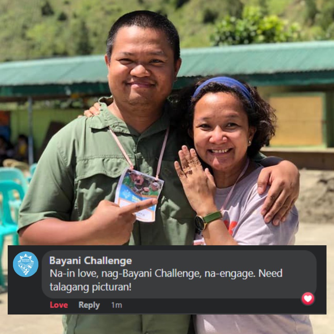 Hindi lang sa <a href="/bayanichallenge/">Bayani Challenge</a> nagpamalas ng #TatakBayani ang ating ~veteran~ BC volunteers na sina Kuya Mau at Ate Jaja - pati sa pag-ibig, lumaban! 💖

Congratulations, Kuya Mau and Ate Jaja! Salamat sa pagbabahagi ng inyong #KalingaMoments sa mga taga-Atok, Benguet.