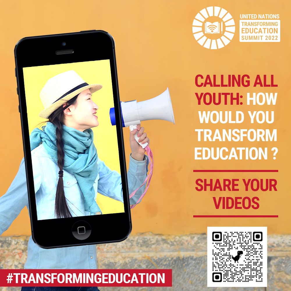 Calling all #Youth! 

We want to hear from you! 

With your 📱 share your ideas for #TransformingEducation 

⏳ Deadline: 2️⃣2️⃣ - 0️⃣6️⃣ - 2️⃣2️⃣

<a href="/TransformingEdu/">Transforming Education Summit</a> <a href="/UN/">United Nations</a> <a href="/UNESCO/">UNESCO 🏛️ #Education #Sciences #Culture 🇺🇳</a> <a href="/UNICEF/">UNICEF</a> 
…educationsummit.sdg4education2030.org/Youth