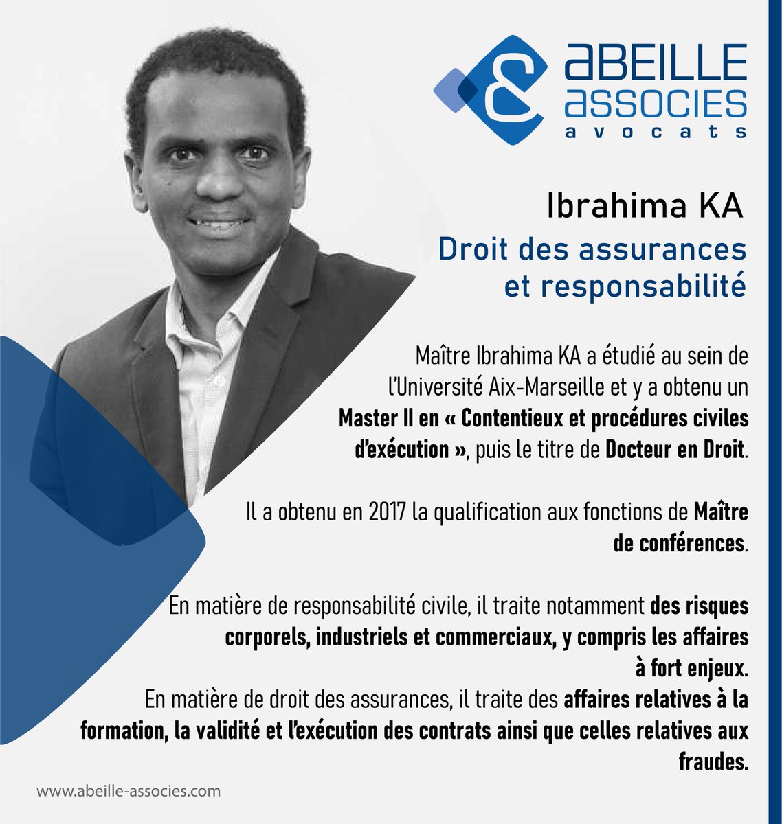 ABEILLEAVOCATS's tweet photo. 👤Focus sur Maître Ibrahima KA, avocat collaborateur du cabinet en responsabilité civile et droit des assurances.

✔️ Dans ces domaines d’activités, il intervient tant devant les juridictions civiles que répressives

#responsabilitécivile #collaborateur #avocat #justice #portrait https://t.co/SUbAf5nDMM