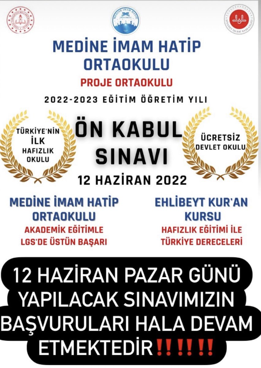 Çocuğunu hafız yapmak isteyen ailelerimiz
Bu sınavı kaçırmayın!.. ⏳

🗓 12/06/2022
⏰ 10.00

Ön kabul sınavına aşağıdaki linkten kayıt yaptırabilirsiniz.
forms.gle/uT75pyPH2yrfgc…

#hafızlık #Medineİmamhatiportaokulu #imamhatiportaokulu