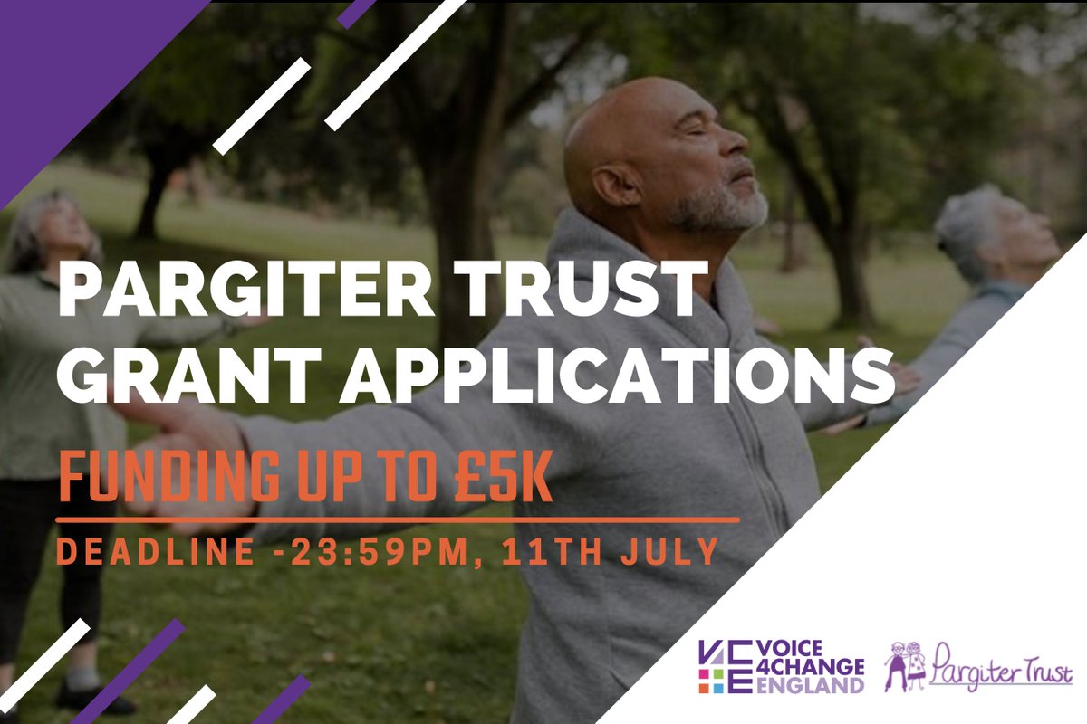 Voice4Change England (@v4ce) on Twitter photo We are excited to announce a new funding opportunity in partnership with <a href="/PargiterTrust/">Pargiter Trust</a>!
Grants up to £5k for projects that support activities for Black and Minoritised elderly people.
ā°Application deadline: midnight 11 July 2022.
voice4change-england.org/post/the-pargi⦠We are excited to announce a new funding opportunity in partnership with <a href="/PargiterTrust/">Pargiter Trust</a>!
Grants up to £5k for projects that support activities for Black and Minoritised elderly people.
ā°Application deadline: midnight 11 July 2022.
voice4change-england.org/post/the-pargiā¦