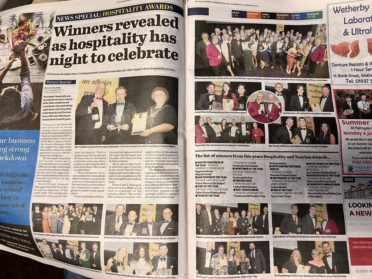 simoncotton69's tweet photo. Great coverage of @HHTAAwards #Harrogate #Hospitality &amp; #Tourism #Awards in today’s @HgateAdvertiser &amp; my week for my column too, so be nice and #BuyAPaper 😉👍🙏🤩 https://t.co/yaoxShuOAD