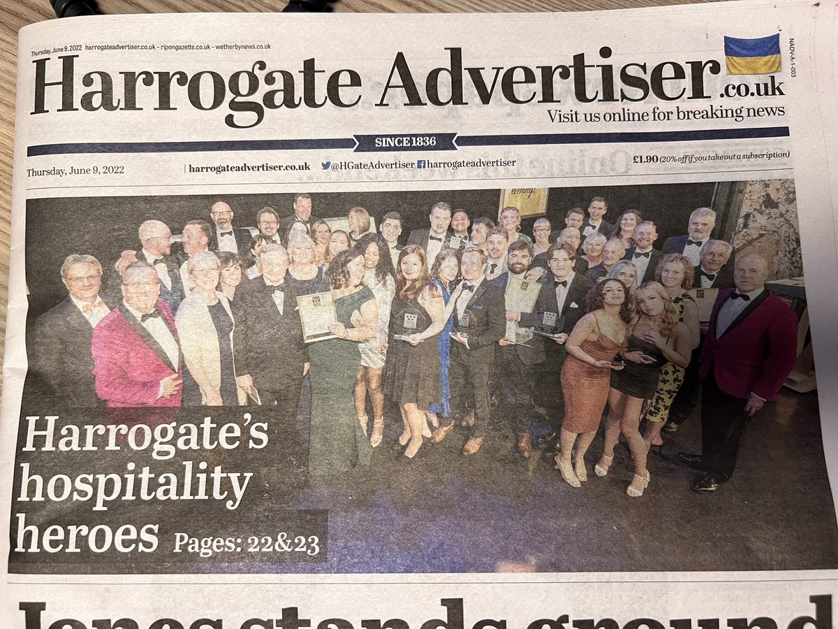 simoncotton69's tweet photo. Great coverage of @HHTAAwards #Harrogate #Hospitality &amp; #Tourism #Awards in today’s @HgateAdvertiser &amp; my week for my column too, so be nice and #BuyAPaper 😉👍🙏🤩 https://t.co/yaoxShuOAD