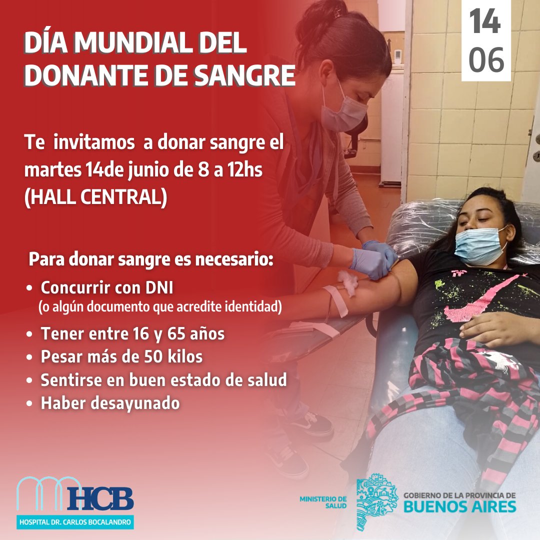 💉 Te invitamos el martes 14/06 de 8 a 12hs a donar sangre en nuestro Hospital (Hall central)

💬 Recordá: Traer dni, tener entre 16 y 65 años, pesar +50 kilos, sentirte en buen estado de salud y desayunar previamente.