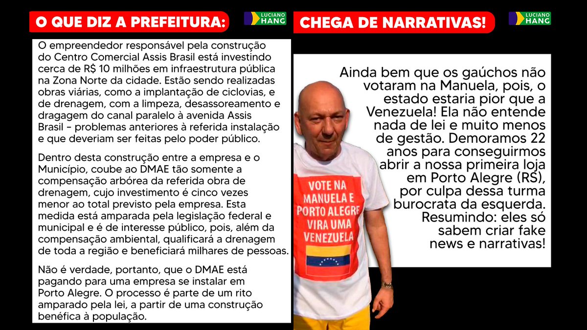 LucianoHangBr's tweet photo. A @ManuelaDavila criou uma tremenda mentira para tentar me desmoralizar. Mas, contra todas essas narrativas, existem os fatos! Toda a verdade sobre a Havan em Porto Alegre (RS) e também a nota esclarecedora da @PrefPoaSP . Confira: https://t.co/DjKIcdw2xB