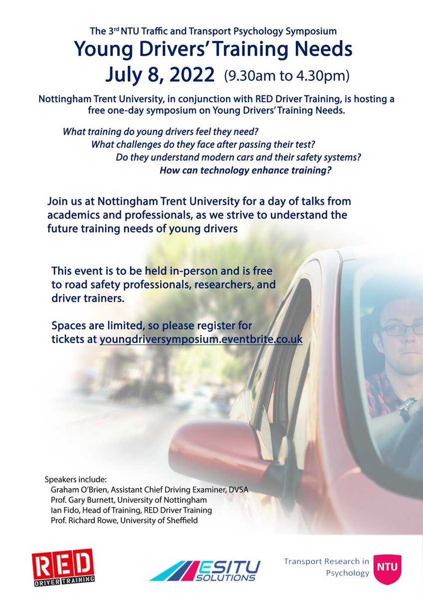 We are hosting a free f2f traffic and transport psychology symposium on July 8 in Nottingham. Open to ADIs, academics, and road safety practitioners.  The topic is young drivers’ training needs. To sign up please visit eventbrite.co.uk/e/young-driver…